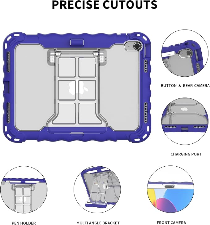 iPad (A16) 11th Generation 2025 11-inch/10th Generation 2022 10.9-inch Protective Case Silicone Shockproof Case with Screen Protector Pencil Storage Slot Shoulder Strap Handle Stand (A-Blue)
