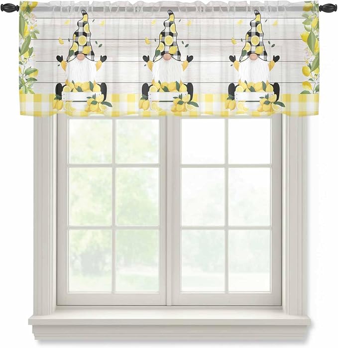 Lemon Dwarfs Sheer Valance Curtains, Gnome Green Leaf Wood Striped Black Plaid