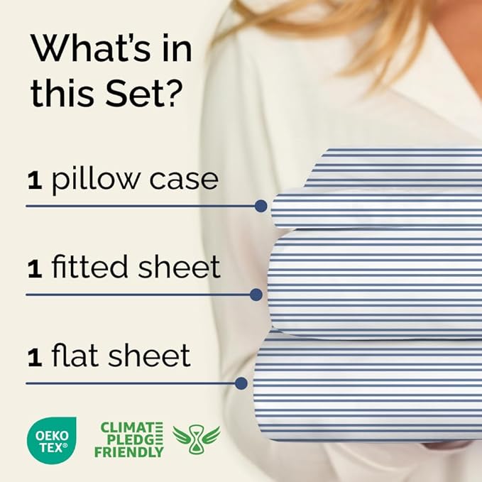 Blue and White Striped Sheets - 1 Flat & 1 Fitted Sheet & 1 Pillowcase w/ Deep Pockets - Comfy, Wrinkle & Fade Resistant - Ultra-Soft, Breathable & Cooling - Luxury Pinstripe Bedding - Twin Size