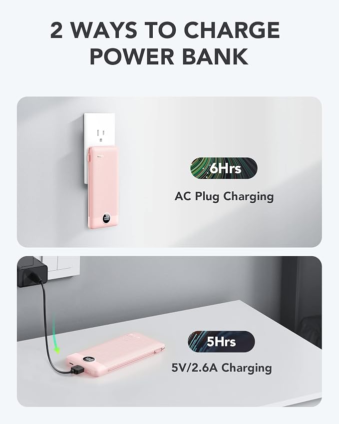 VRURC Portable Charger Power Bank Built-in Cables and AC Wall Plug | USB C Portable Bank 10000mAhTravel Essentials Phone Charger Compact External Battery Pack for Smart PhonesTablets-Black