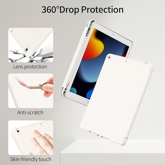 iPad 9th/8th/7th Case with Pencil Holder Silicone Cream White | Ultra-slim shockproof leather cover soft TPU back stable trifold stand auto wake/sleepfor iPad 10.2 Inch 2021/2020/2019