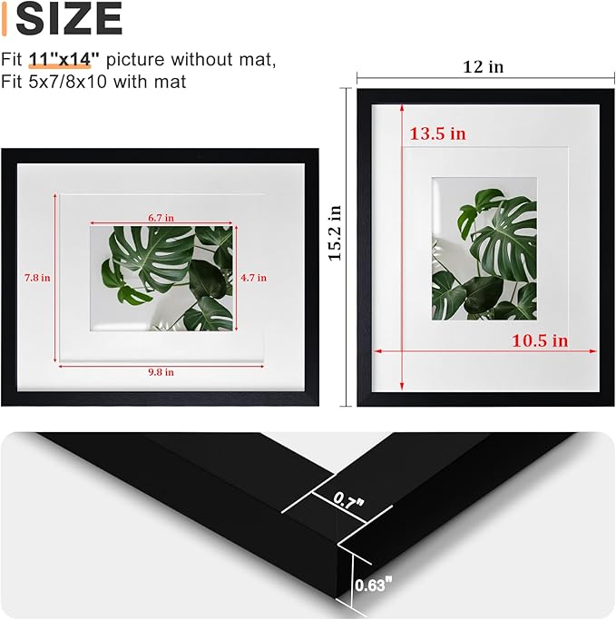 Egofine 11x14 Picture Frame Black - Photo Frame Made of Solid Wood Covered by Plexiglass for Table Top Display Pictures 5x7/8x10 with Mat or 11x14 Without Mat with Wall Mounting Hardware