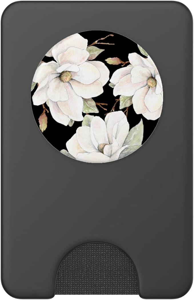 White Magnolias Floral Pattern on a Black Background PopSockets Adhesive PopGrip