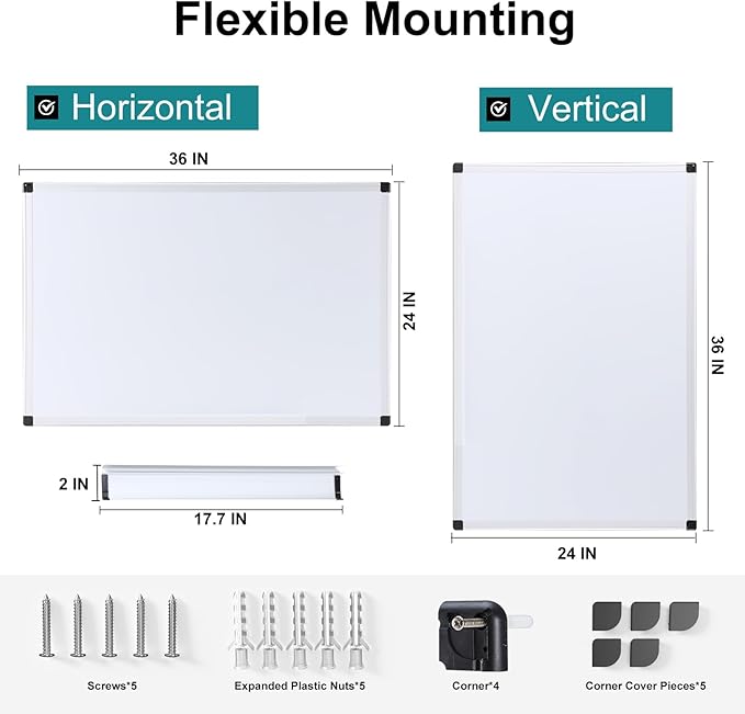 OLIXIS Magnetic White Board, Dry Erase Board for Wall 36" x 24", Whiteboard with 1 Dry Eraser & 2 Multicolor Markers & 4 Magnetic Pins, Aluminium Frame for Home, School, Office, White