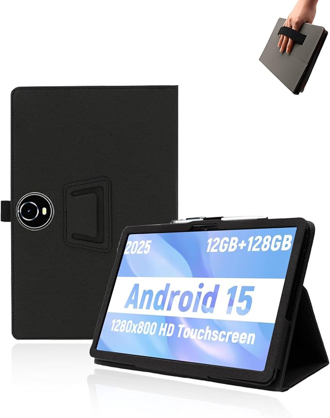 Case for JUNINKE C5 Tablet 11 inch Android 15 TabletsUYRUREL Leather Slim Folding Stand Cover with Hand Strap Magnet for Men Women Full ProtectionBlack.