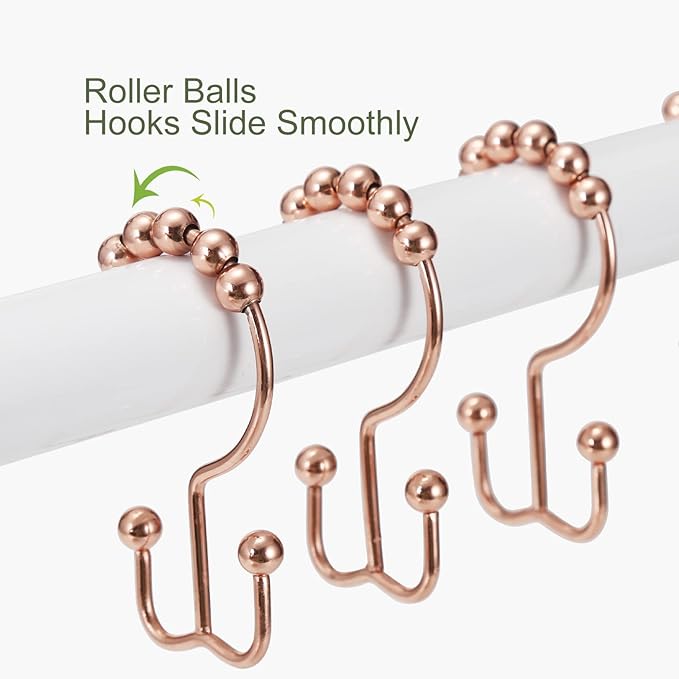 Shower Curtain Hooks, Goowin Shower Curtain Rings, Stainless Steel Shower Curtain Hooks Rust Proof Free Sliding Double Shower Hooks for Curtain, Shower Curtains & Liners (Rose Gold)