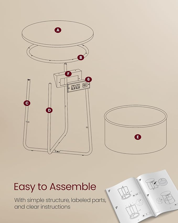 VASAGLE LILEA Collection - Side Table with Charging Station, Round End Table with Fabric Basket, Nightstand with USB Ports, for Living Room, Bedroom, Modern, Matte White and Camel Brown ULET228W01