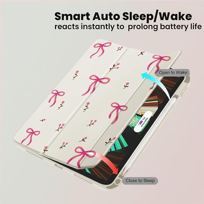 for iPad A16 11 Inch 2025 /for iPad 10th Generation 10.9 Inch 2022 Cute iPad Black Case with Pencil Holder-[Auto Wake/Sleep] Trifold Stand Soft TPU Protective Cover Pink Bows