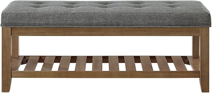 24KF Large Rectangular Upholstered Tufted Linen Fabric Ottoman Bench, Padded Bench with Solid Wood Shelf-Granite