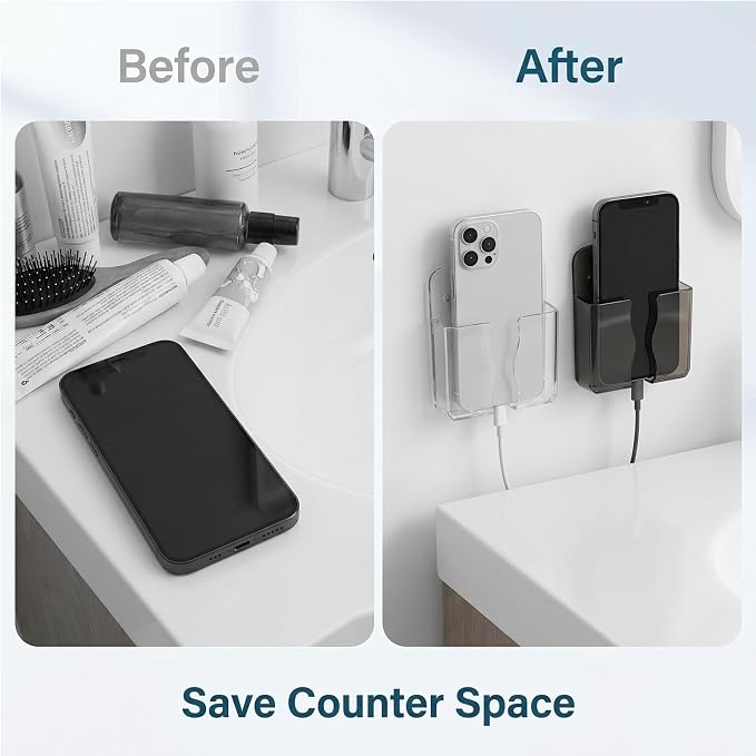 4 Pack Wall Mounted Phone Holder Self-Adhesive Plastic Phone Stand with Data Cable Receiving Hole Single Smartphone Organizer for Bedroom Kitchen Bathroom Office (Clear Translucent Black)