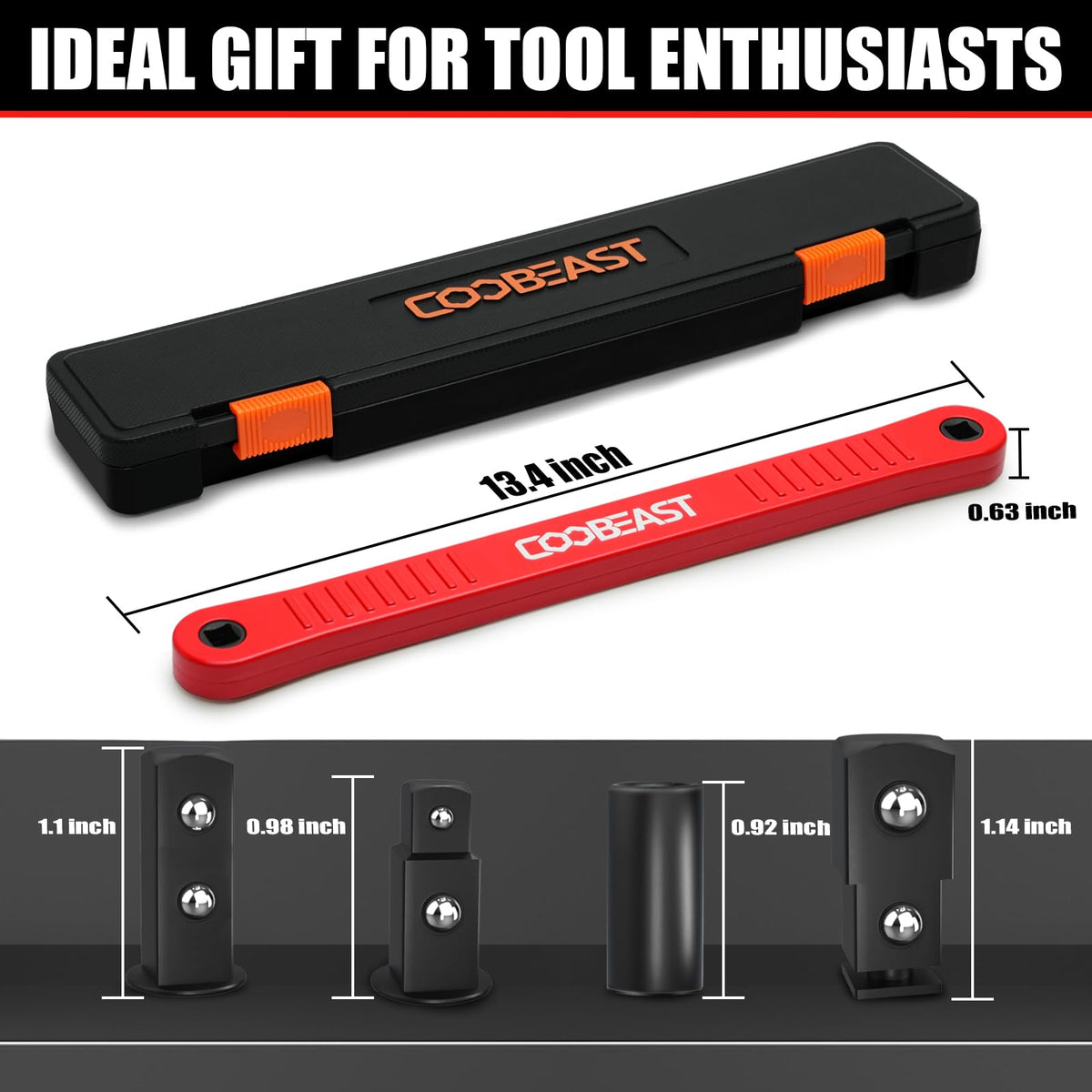 coobeast Red Offset Extension Wrench Impact Ready Socket Wrench Extender Tool with Versatile 1/4", 3/8", and 1/2" Square Drive Adapters, Universal Extensions Wrench for Small Place