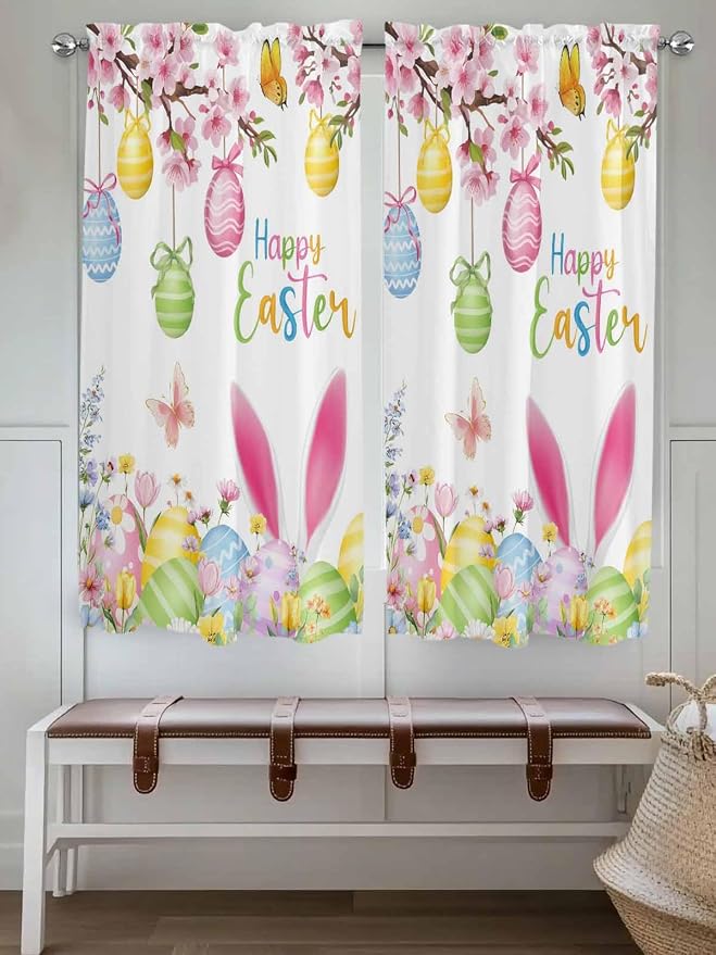Happy Easter Living Room Curtains 72 Inches length, Spring Watercolor Bunny