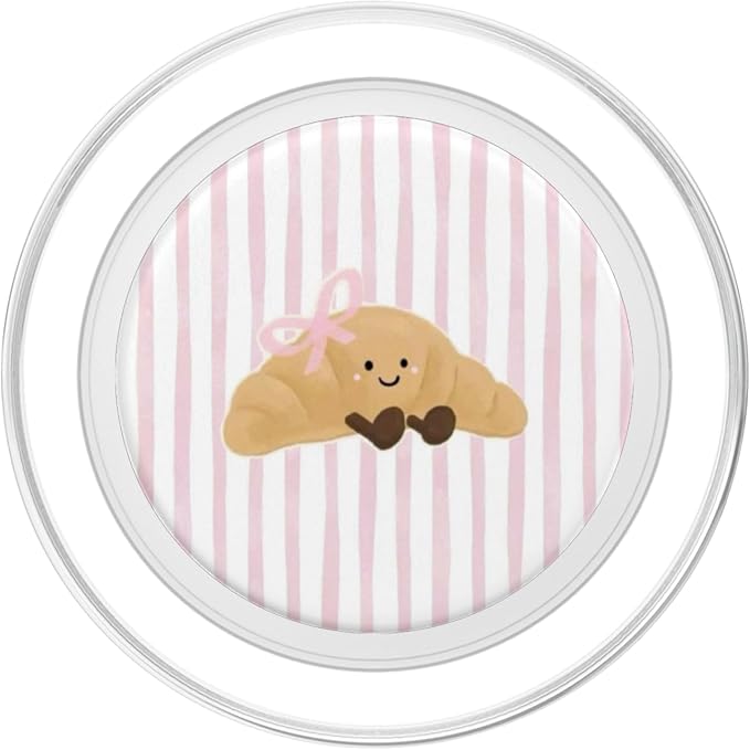 Pink Stripe Croissant Bow Illustration Print PopSockets Adhesive PopGrip