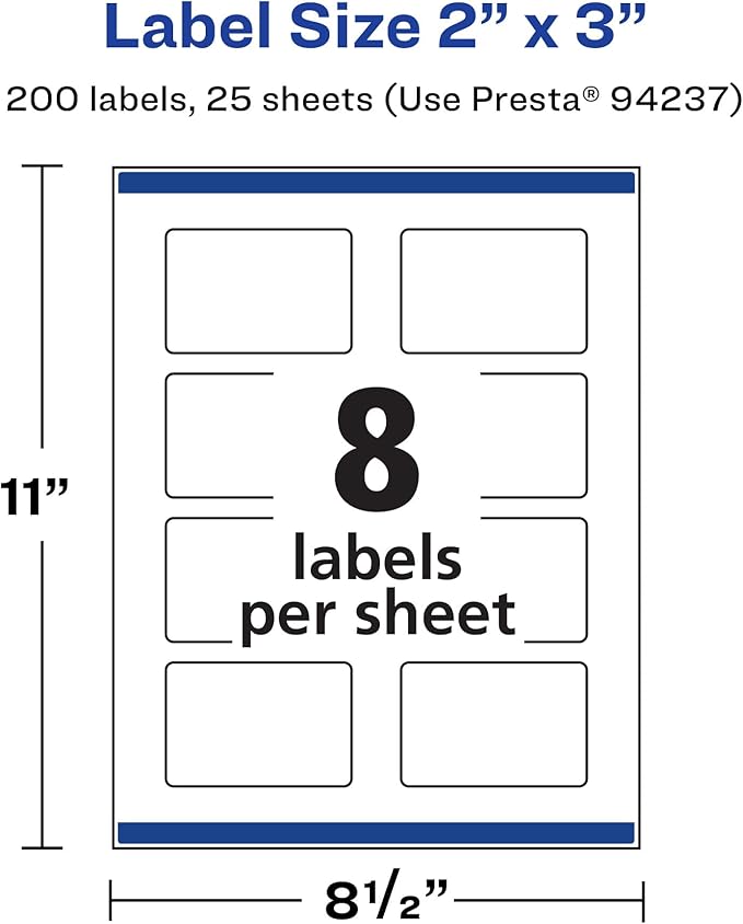 Avery Matte White Rectangle Labels, Sure Feed Technology, 2" x 3", 200 Matte White Printable Labels