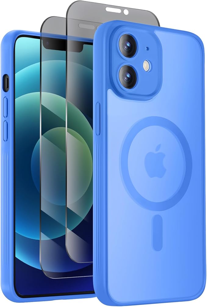 Designed for iPhone 12 Case, Compatible with MagSafe, with Privacy Screen Protectors X2, [Camera Protection] [15FT Military Drop Protection] Shockproof Phone Case, 6.1", Blue