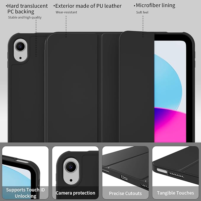 Case for iPad A16 11th/10th Generation 11 Inch/10.9 Inch Black | a16 ipad case with Pencil Holder Slim Trifold Stand Smart Cover and Soft TPU Back Auto Wake/Sleep 2022/2025