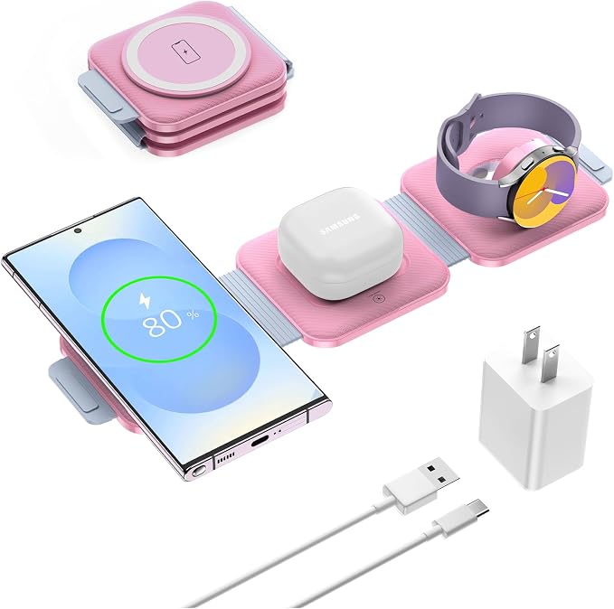 Travel Charger for Samsung Multi Devices Foldable 3 in 1 Wireless Charging Station Fast Charging Stand/Pad Compatible for Samsung Galaxy S26/S25/S24/S23/Note20 GalaxyWatch8/7/6 Galaxy Buds4