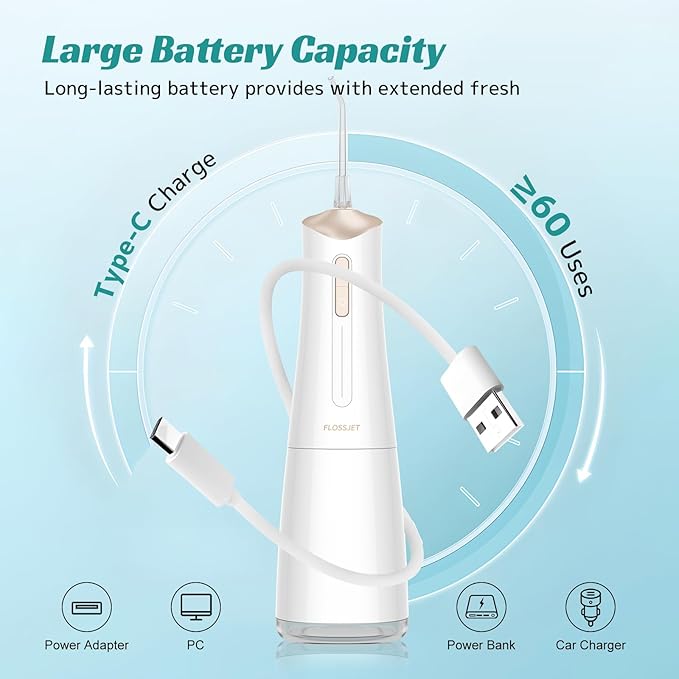 FlossJet Water Dental Flosser Cordless Oral Irrigator with 300ml 5 Tips 4 Modes USBCharger Portable Travle Irrigation Cleaner IPX7 Electric Irrigador Dental for Teeth Cleaning (White)