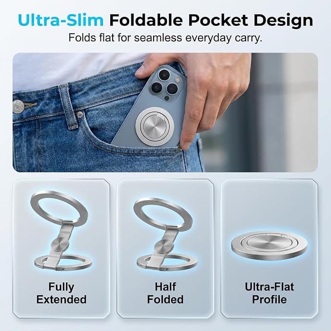 Magnetic Phone Stand Foldable 360° Rotating Phone Holder with Dual-Sided Magnetic Design Adjustable Desktop Stand for Home Office Travel and Daily Use (Grey-1)