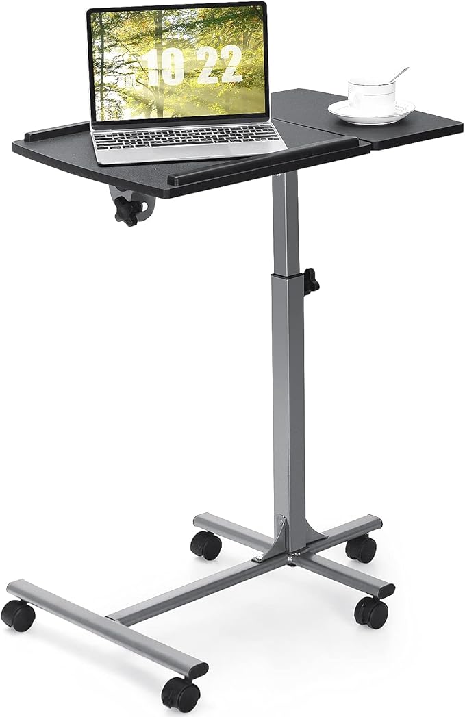 COSTWAY Rolling Laptop Stand, Mobile Laptop Tray and Cart with 45 ° Degree Swivel Tilting Tabletop, Height Adjustable Mobile Podium from 24.5'' to 36'', Overbed Computer Table for Sofa, Bed