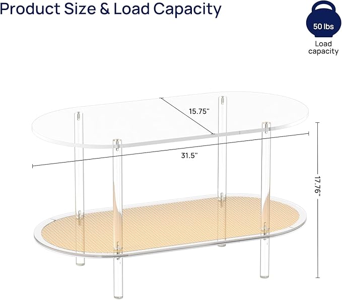 HMYHUM Acrylic Coffee Table for Living Room, 2-Tier Clear Rattan Center Table, Oval, Modern Low Tea Table for Bedroom Office Reception Room, 31.5" L × 15.75" W × 17.76" H, Easy Assembly