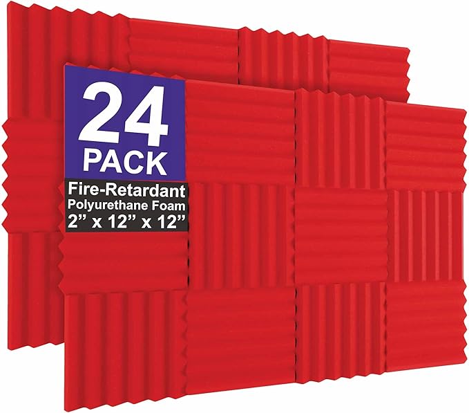 Foam Factory Inc 24 Pack Color Acoustic Foam Panel Studio Soundproofing Wedge Wall Tiles 12” X 12” X 2” (Red)
