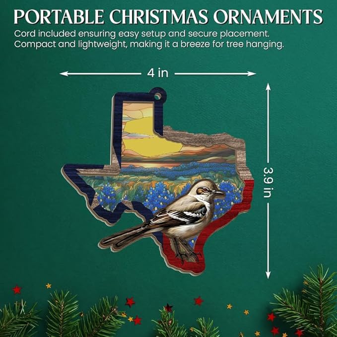 FLAGWIX Christmas Texas Gifts for Women Men - Suncatcher Ornaments for Tree Decorations - Christmas Ornaments Decor Indoor, Texas State Gifts for Family Mom Dad Family Friends, Mockingbird Decoration