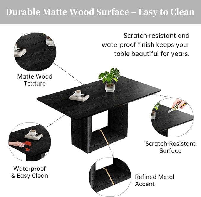 63" Modern Black Dining Table Set for 6 with Chairs, 7 Piece Rectangular Dining Room Table and 6 PU Leather Chairs, Kitchen Dining Set with Matte Wood Finish, Geometric Base, Easy Assembly