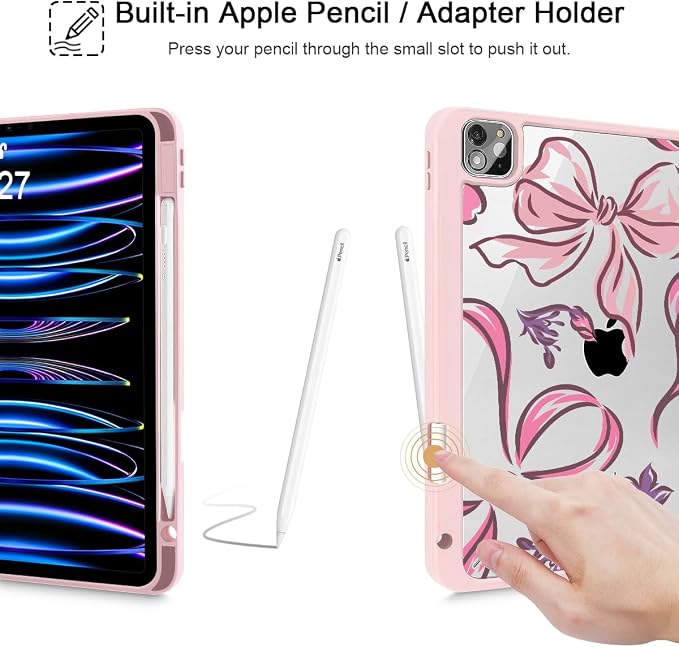 Mektron Case for iPad Pro 11 inch Case M2 2022 Generation 4th Fit 2021 2020 2018 iPad Pro 11 (3rd 2nd &amp 1st Gen) -Buit in Pencil Holder with Shockproof Cover Clear Shell Blue Bows &amp Flower