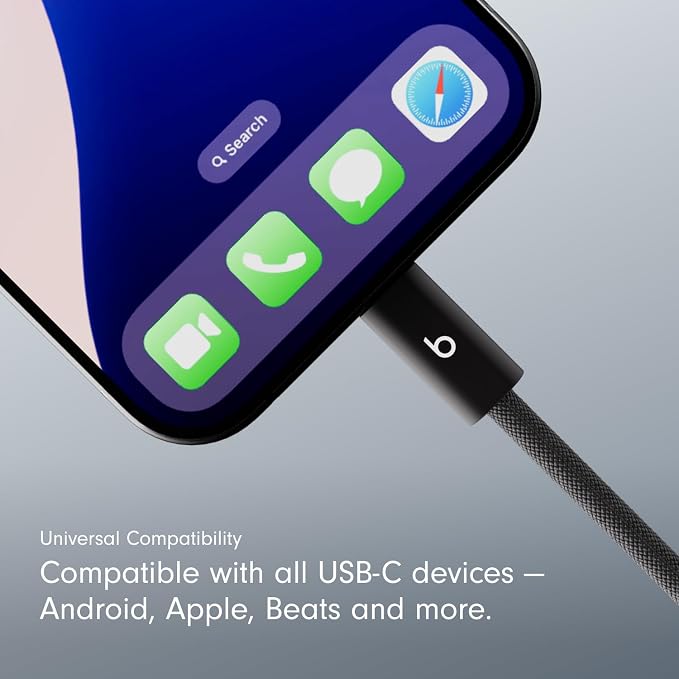 Beats 240W USB-C to USB-C Braided Cable Fast Charging Durable/Tangle Free Compatible with Apple and Android Devices (3 m/10 ft) – Bolt Black