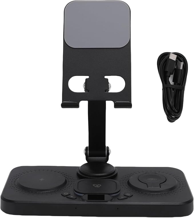 6 in 1 Wireless Charging Stand for iOS Devices with Alarm Clock and Ambient Lights for iOS 16 15 14 Phone and Watch Series 1 to 10 (Black)