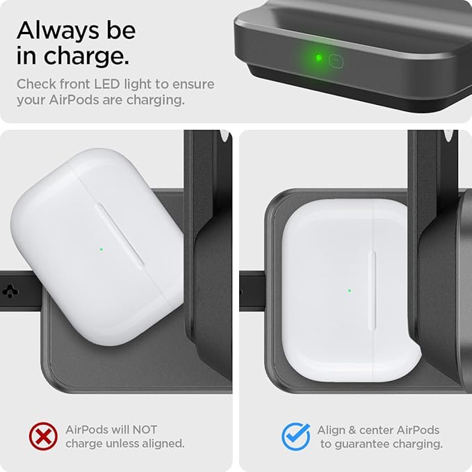 Spigen for 3 in 1 Charging Station, Qi2 MagSafe Charger Stand 15W Compatible with iPhone 17/16/15/14/13/12 Apple Watch Ultra 3/2/1 Apple Watch 11/10/9/8/7/6/5/4/3/2/1/SE AirPods Pro 3/2/1 AirPods 4/3