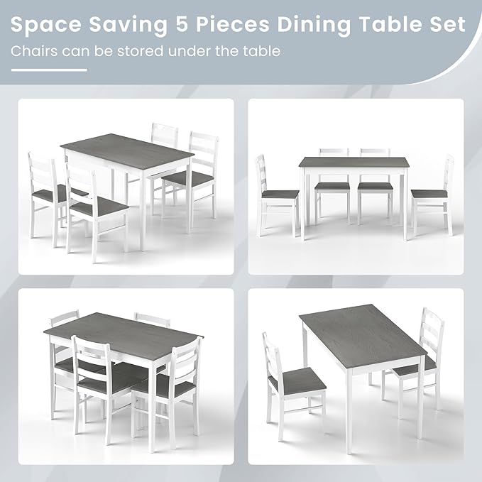 POWERSTONE Dining Table Set for 4, Kitchen Table Chairs Set of 4 with Rubber Wood Legs, Farmhouse 5 Piece Dining Table Set Solid Wood for Kitchen Dining Room Dinner (Grey)
