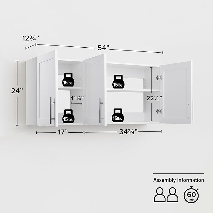 Prepac Elite 54" W Wall Cabinet with Panel Doors, White Storage Cabinet, Bathroom Cabinet, Pantry with 1 Adjustable Shelf 12.75" D x 54" W x 24" H, WSUR-1004-1