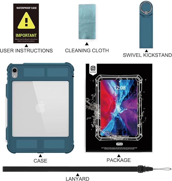 10.2 Waterproof Case Compatible with iPad 9th 8th 7th Generation 2021/2020/2019 Built-in Screen Protector with Strap Stand Pencil Holder Full Body Heavy Duty Protective Shockproof