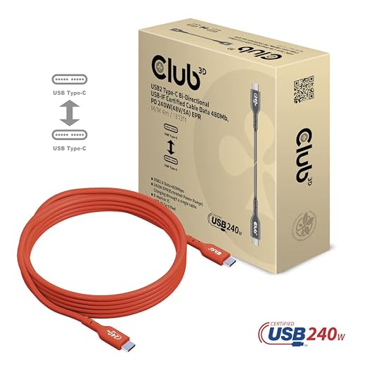 Club 3D CAC-1511 USB2 Type C to Type C Certified Bi-Directional Cable with 240W Charging 480Mb Data Transmission EPR 1m - 3.28ft