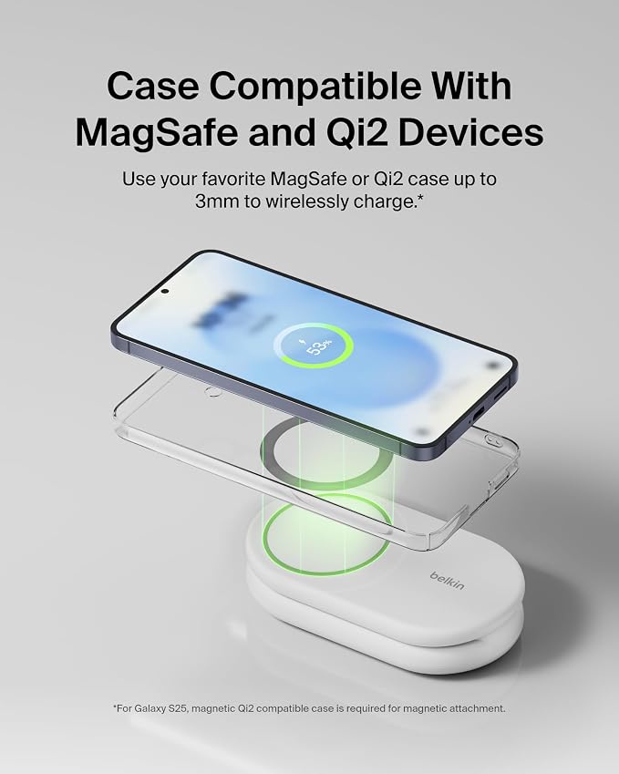 Belkin Qi2 15W Magnetic Wireless Charger 2 in 1 Foldable Non-Slip | MagSafe compatible iPhone 16 Apple Watch Samsung Galaxy S25 compatible power adapter included