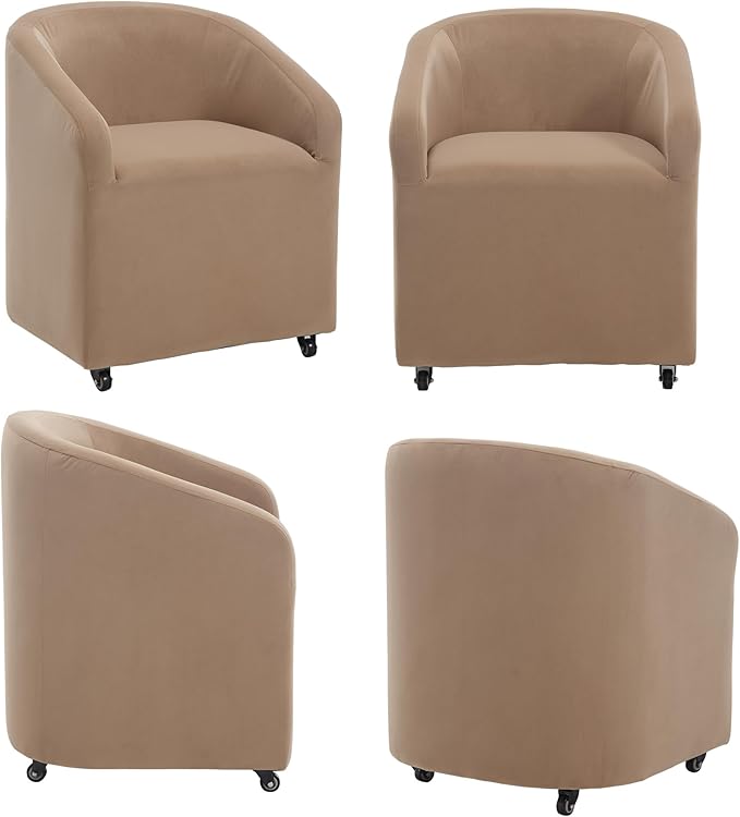 Khaki Barrel Dining Room Chairs with Swivel Casters Set of 2 Velvet Upholstered Modern Dining Chairs with Arms Back Accent Side Chairs for Living Reading Room Kitchen Bedroom