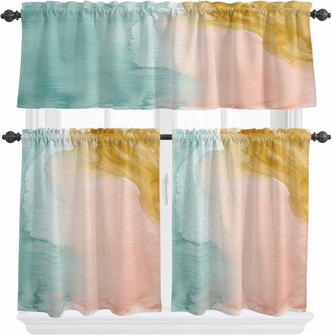 Kitchen Window Curtains Valance and Tier Set, Abstract Desert Mountains Rod
