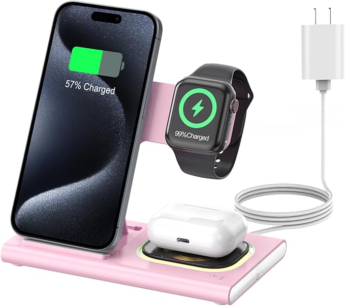 3 in 1 Foldable Wireless Fast Charging Station for Apple Multiple Devices | iPhone Charging Station for iPhone 17 Travel iWatch Charger Stand Light Nightstand Charging Dock for Apple Watch/Airpods