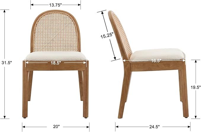 Mid Century Dining Chairs Set of 6, Accent Rattan Side Chairs Sherpa Fabric Kitchen Chair with Solid Wooden Legs for Living Room Dining Room, White