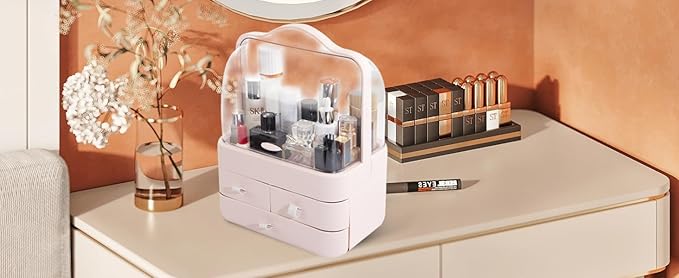 Nervure Pink Makeup Organizer - Cosmetic Storage Box with Lid - Makeup Organizer Storage Drawersr with Dust Free Cover and Portable Handle for Bathroom Countertop & Dresser & Gift