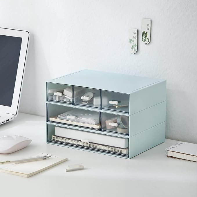 Plastic Storage Drawer, 6 Drawers Desk Organizer, Makeup Organizer, Blue (6.5" L x 8.9" W x 5.1" H)