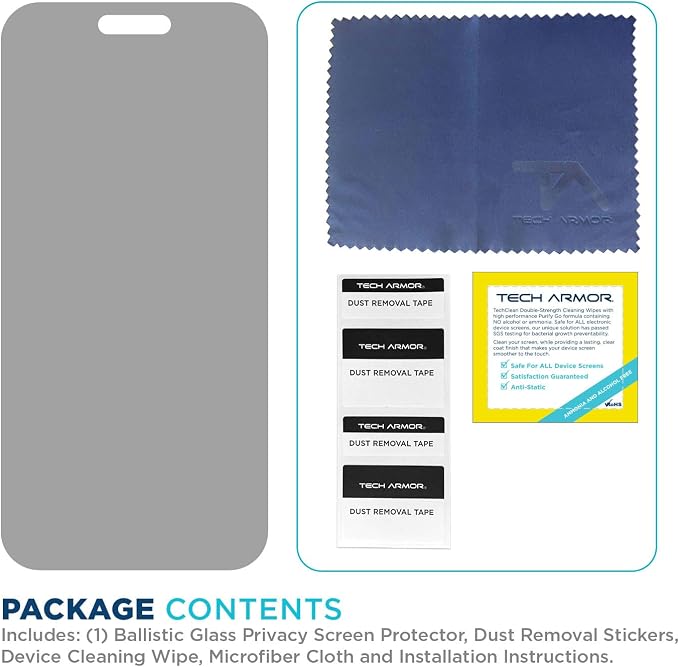 Tech Armor Privacy Glass for iPhone 17 Screen Protector Ballistic 1-Pack | Anti-spy protection 9H tempered bubble-free install case-friendly fit Face ID compatible oleophobic coating