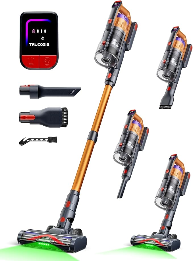 Cordless Vacuum Cleaner for Home, Upgraded 60Kpa Powerful Suction Pet Hair Vacuum with 70min Runtime, Green LED Light for Hardwood Floors & Carpet, Self-Standing Rechargeable Stick Vacuum, Golden