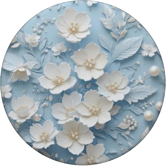 White Pearl Floral on Blue Illustration Print PopSockets PopGrip for MagSafe