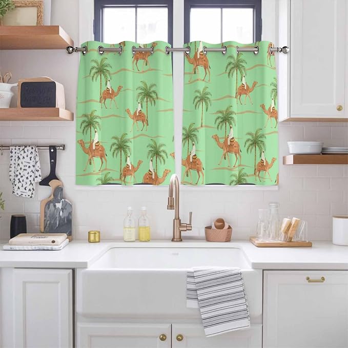 2 Panel Kitchen Cafe Curtains, Desert Camels Sunlight Filtering Nature Air