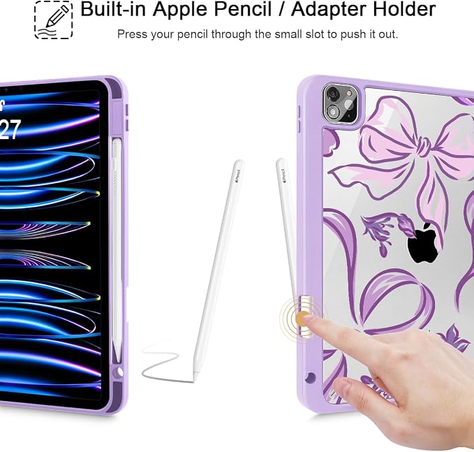 Mektron Case for iPad Pro 11 inch Case M2 2022 Generation 4th Fit 2021 2020 2018 iPad Pro 11 (3rd 2nd &amp 1st Gen) -Buit in Pencil Holder with Shockproof Cover Clear Shell Blue Bows &amp Flower