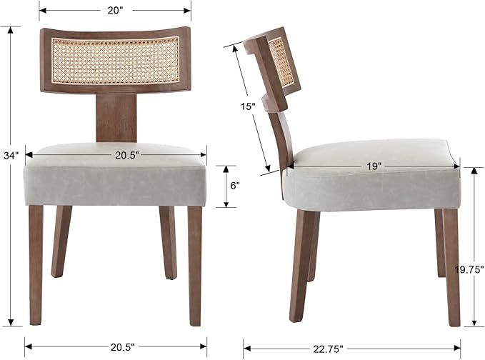Modern Dining Chairs, Set of 4 - Rattan Back, Pu Leather Upholstered, Kitchen Chairs with Solid Wood Frame, Grey