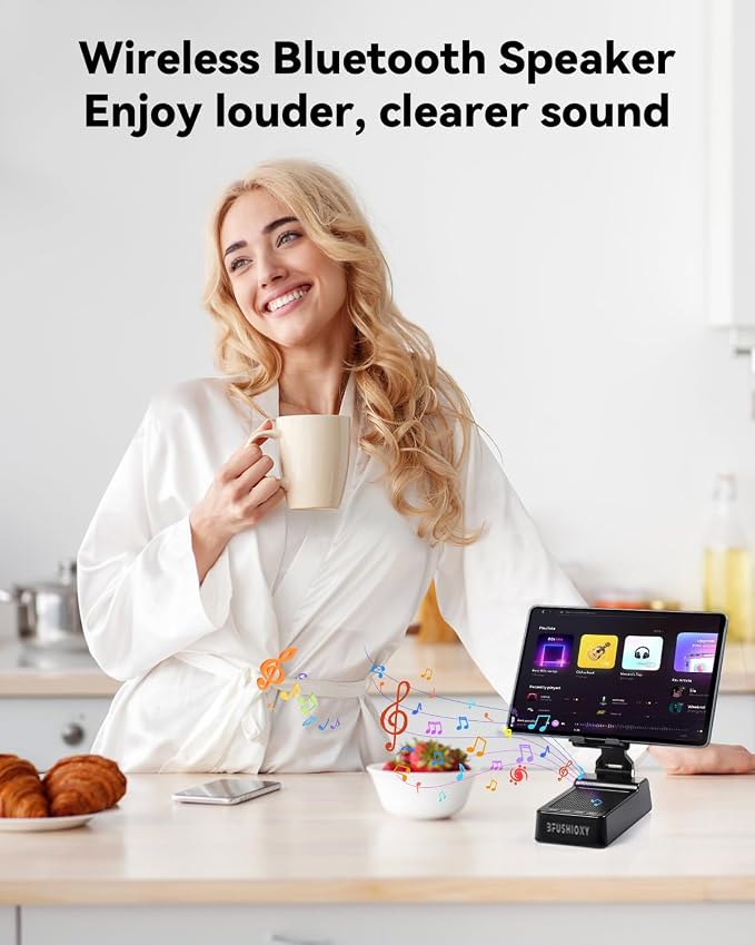 Birthday Gifts for Women Men 7 in 1 Multi-Function Phone Stand with Bluetooth Speaker Portable Charger Alarm Clock LED Light USB Playback Hands-Free Calling (Black)